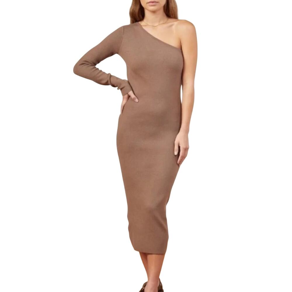 Monrow Brown One Shoulder Sweater Dress Womens M Midi Fall Old Money Classic